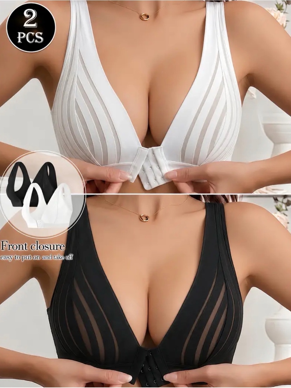 BNIB Front-Close V-Neck Wireless Bra - Black & White (2 Pack)